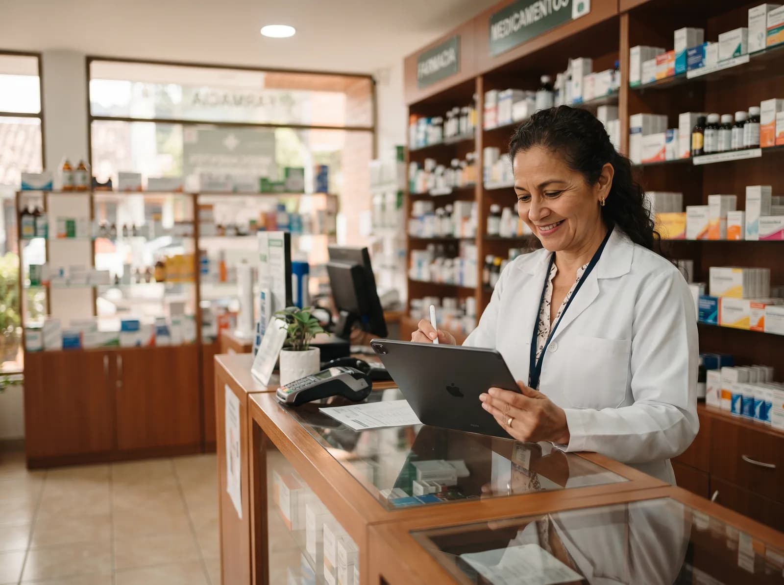 Regente de farmacia atiende en el mostrador con Posdata en una tablet