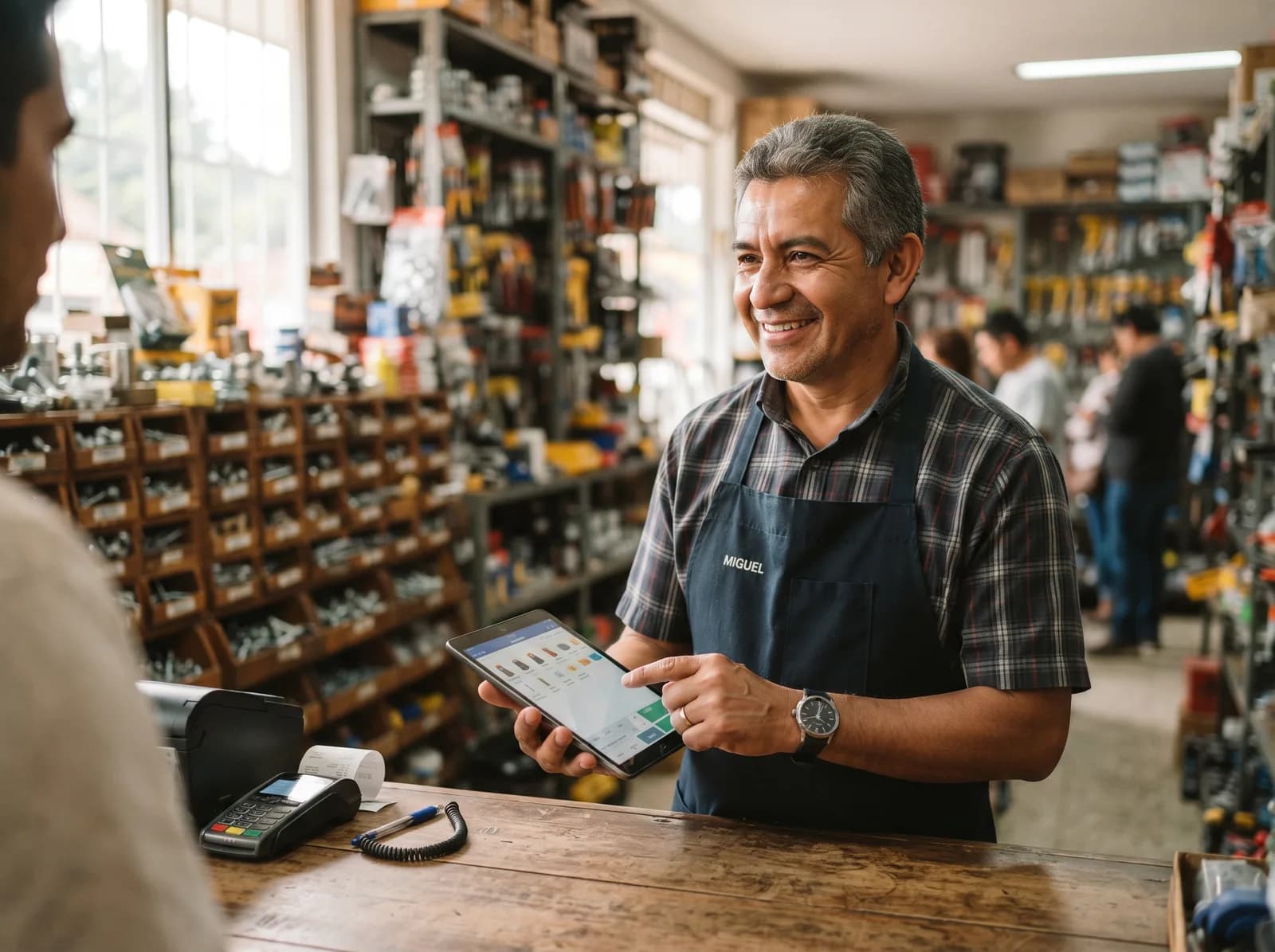 Dueño de una ferretería consulta su inventario en una tablet con Posdata