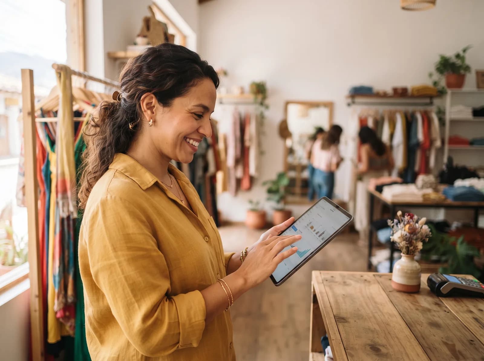 Dueña de una tienda de ropa revisa su inventario en una tablet con Posdata