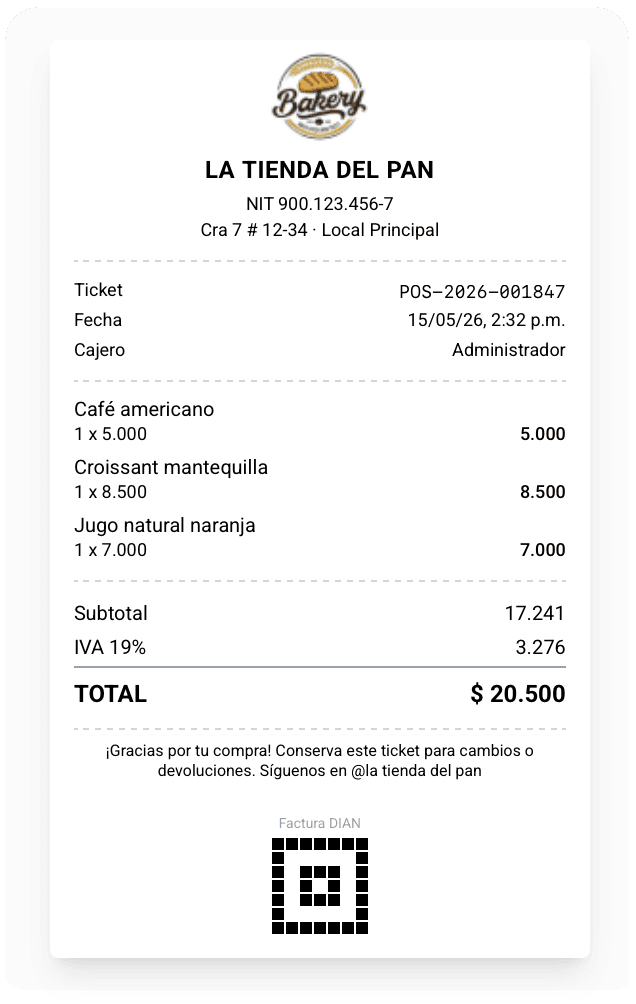 Ticket POS personalizado con el logo del negocio