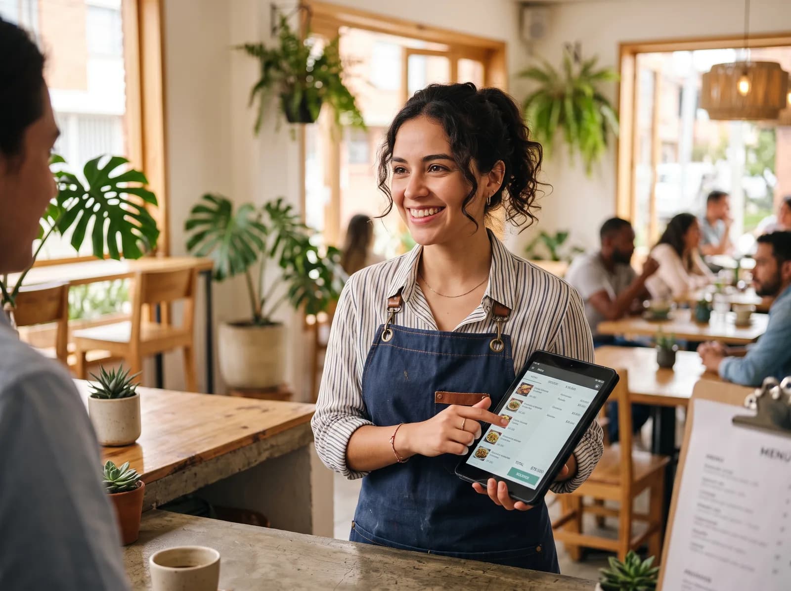 Mesera de un restaurante toma un pedido en una tablet con Posdata