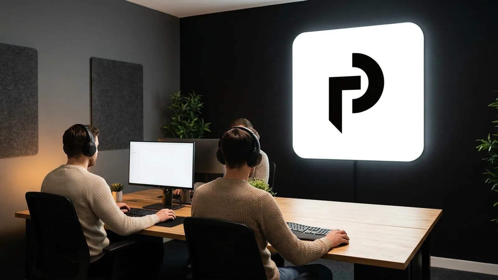 Oficina moderna con un equipo trabajando en sus escritorios frente a una pared negra con el logo de Posdata iluminado
